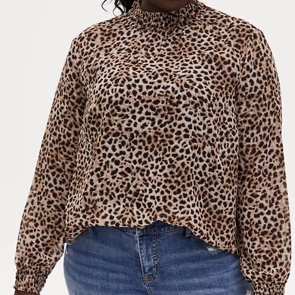Leopard Sheer Chiffon Smocked Mock Neck Blouse | Torrid